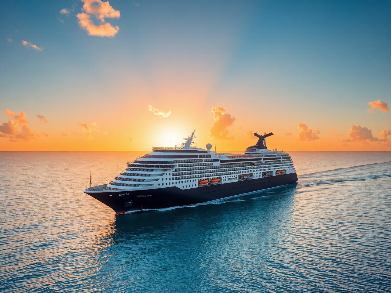 Navio de cruzeiro navegando em mar azul ao pôr do sol