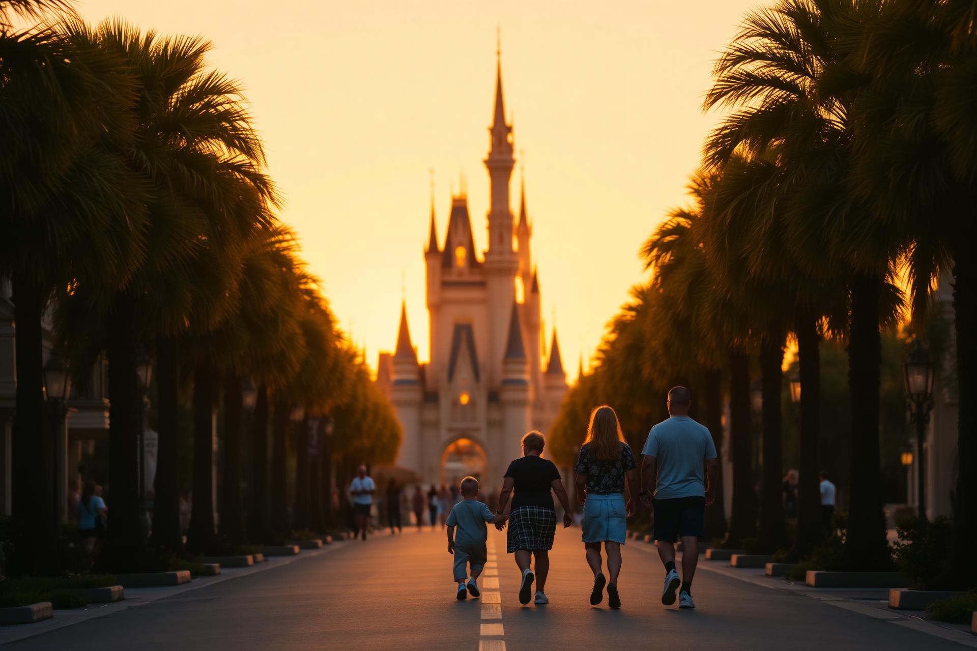 Família caminhando por uma avenida de palmeiras em direção a um castelo iluminado ao pôr do sol em Orlando