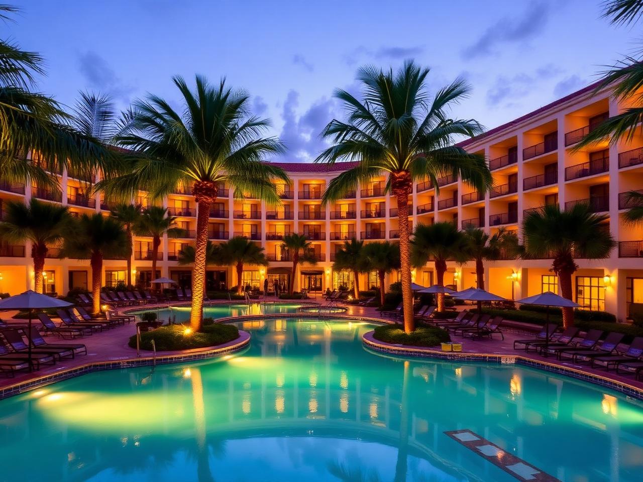 Hotel resort em Orlando com palmeiras e piscina iluminada no fim da tarde