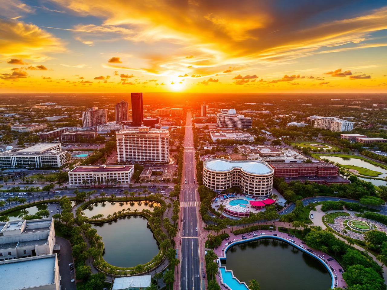 Vista aérea de Orlando ao pôr do sol com avenidas, lagos e hotéis