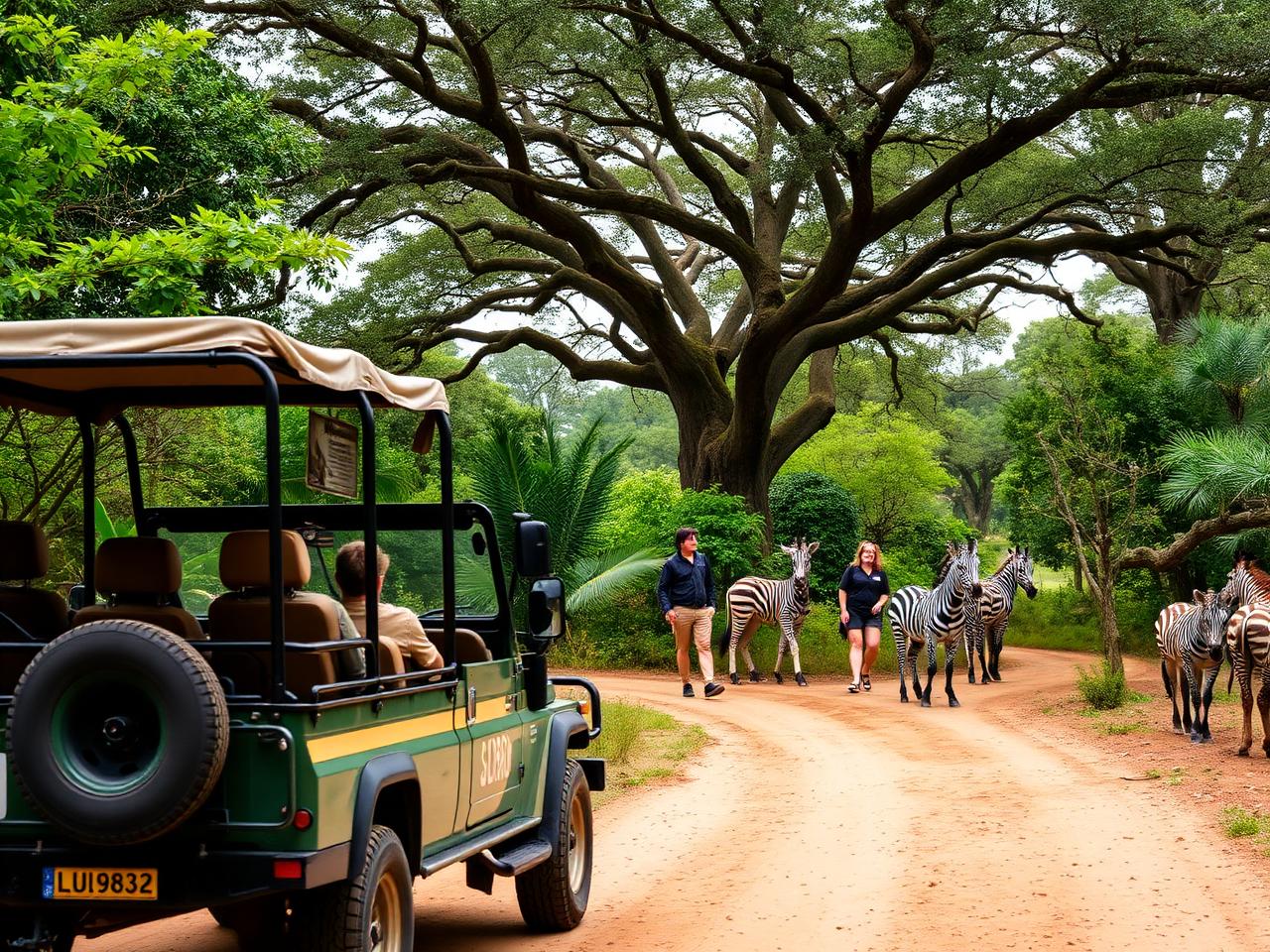 Veículo de safári em trilha de savana com zebras e vegetação exuberante