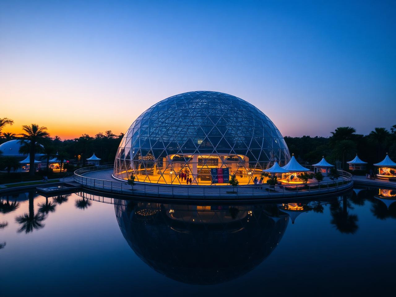 Pavilhão em forma de esfera geodésica refletido em um lago ao entardecer