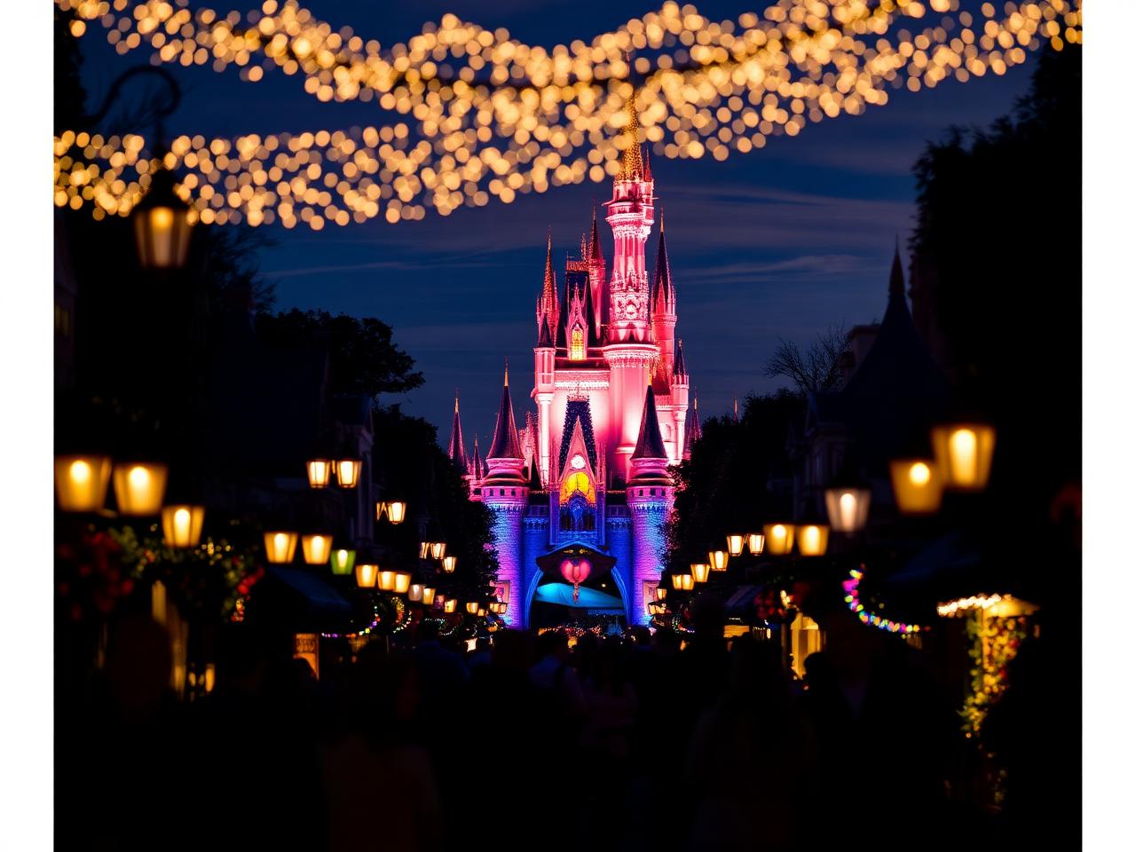 Avenida principal de parque temático iluminada à noite com castelo ao fundo