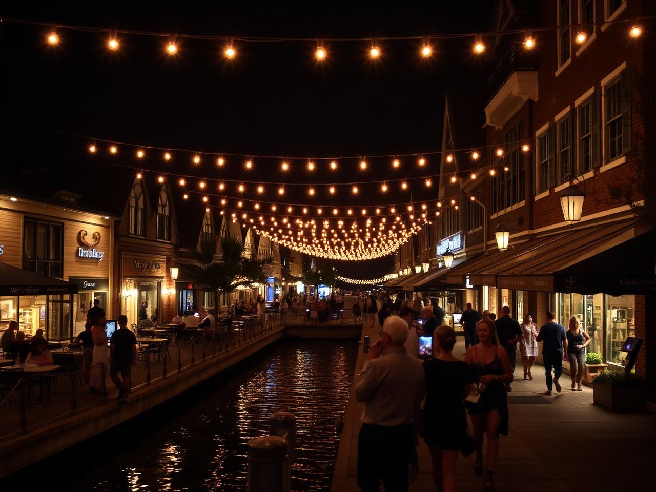 Área de compras e gastronomia à beira da água iluminada por luzes à noite