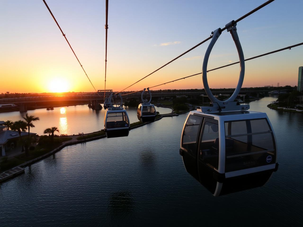 Gôndolas suspensas sobre um lago em Orlando ao pôr do sol